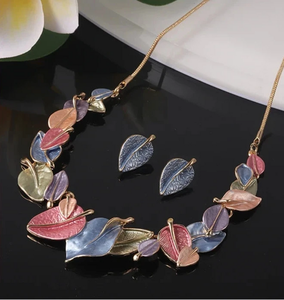 Leaf Necklace & Matching Earrings - Multi Coloured