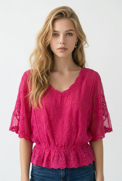Lacy Butterfly Sleeve Top - Hot Pink