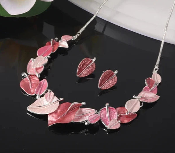 Leaf Necklace & Matching Earrings - Pink