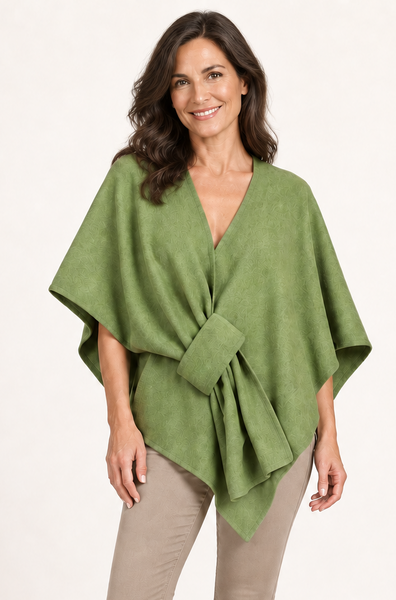 Poncho with Self-Tie Waist  - Apple Green