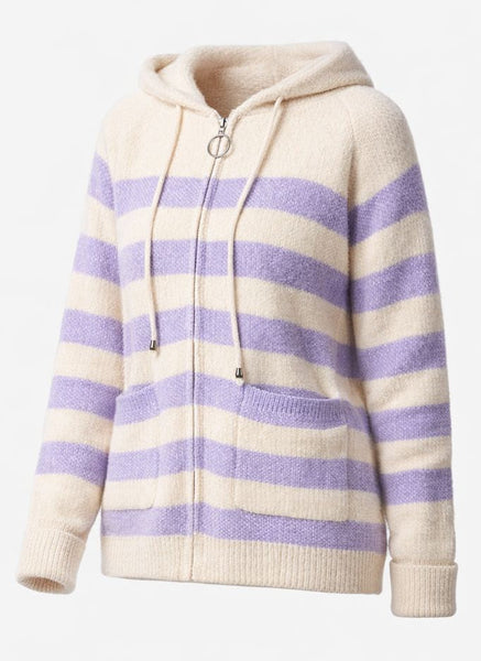 Striped Zipped Hoodie with Front Pockets - Lilac