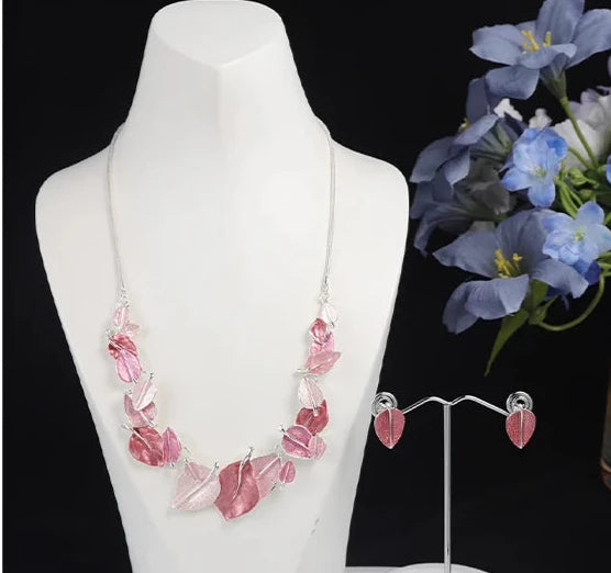 Leaf Necklace & Matching Earrings - Pink