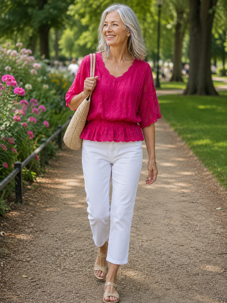 Lacy Butterfly Sleeve Top - Hot Pink