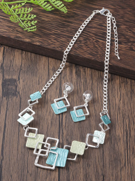 Random Square Necklace & Earrings - Green