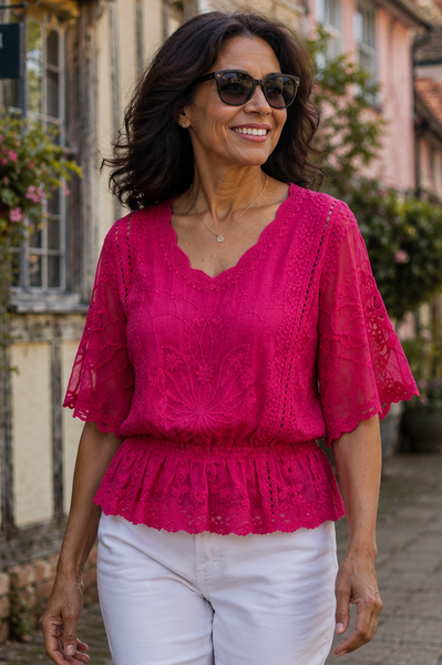 Lacy Butterfly Sleeve Top - Hot Pink
