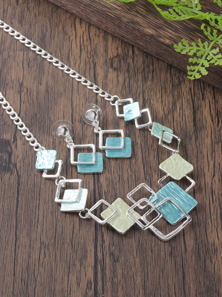 Random Square Necklace & Earrings - Green