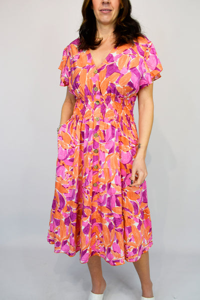 Freya Abstract Floral & Leaf Dress - Pinks
