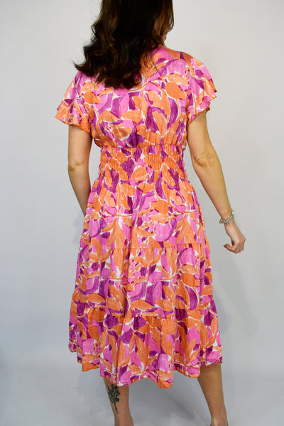 Freya Abstract Floral & Leaf Dress - Pinks