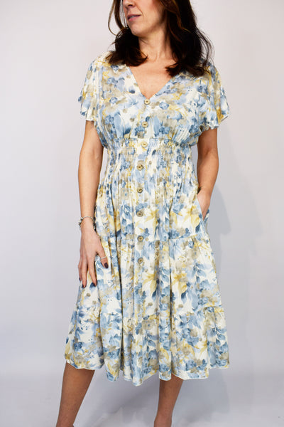Freya Faded Floral Dress - Pale Denim & Cream