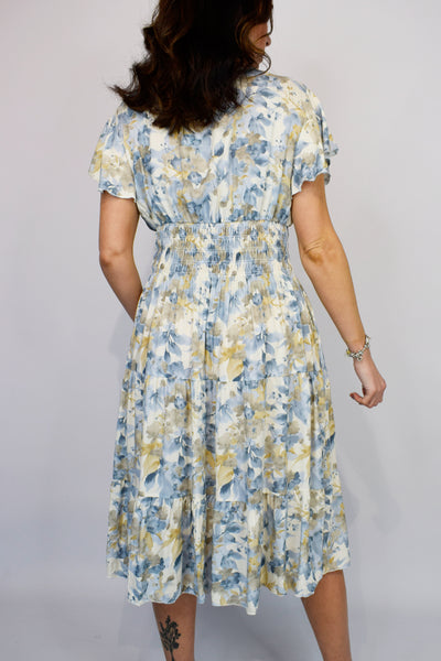 Freya Faded Floral Dress - Pale Denim & Cream