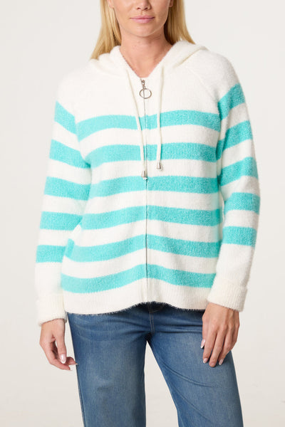 Striped Zipped Hoodie - Aqua