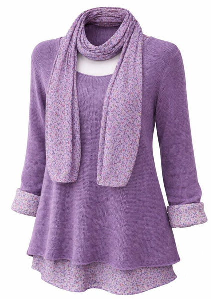 Knitted Layer Top with Scarf -  Purple