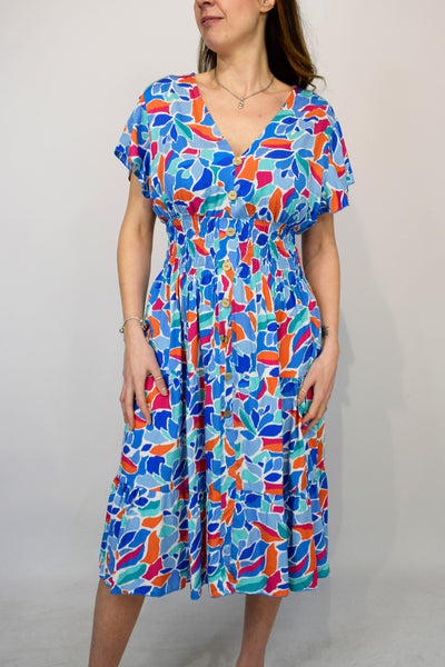 Abstract Leaf Button Front Midi Dress