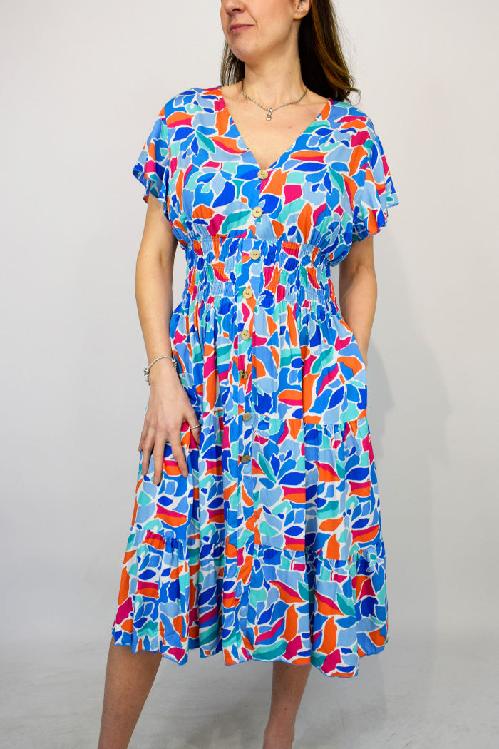 Abstract Leaf Button Front Midi Dress