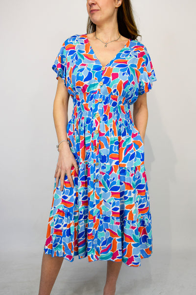 Abstract Leaf Button Front Midi Dress