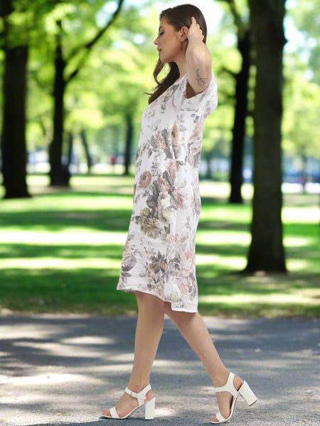 Floral Linen Shift Dress - White