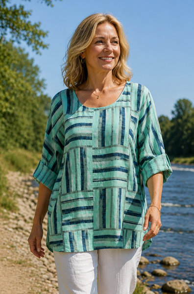 Geometric Squares Top - Teal