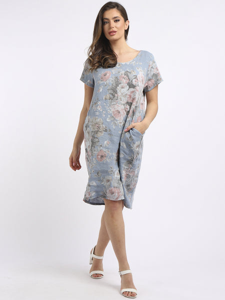 Floral Linen Shift Dress - Denim