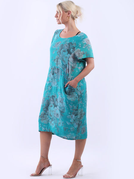 Floral Linen Shift Dress - Teal