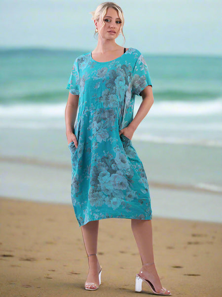 Floral Linen Shift Dress - Teal