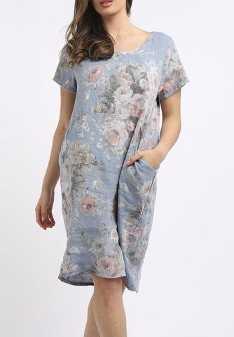 Floral Linen Shift Dress - Denim