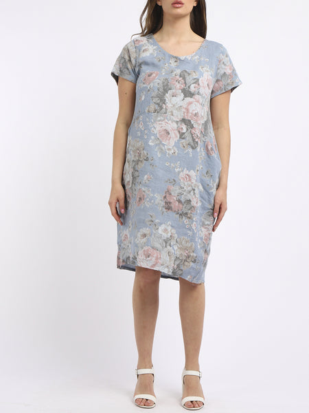 Floral Linen Shift Dress - Denim
