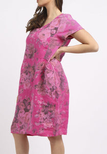 Floral Linen Shift Dress - Fuchsia