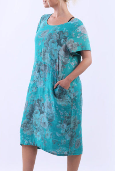 Floral Linen Shift Dress - Teal