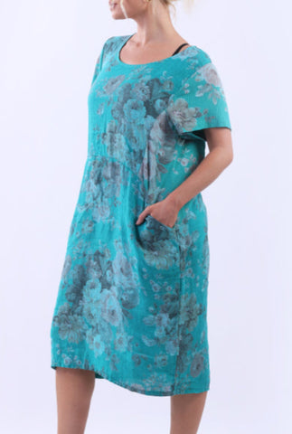 Floral Linen Shift Dress - Teal