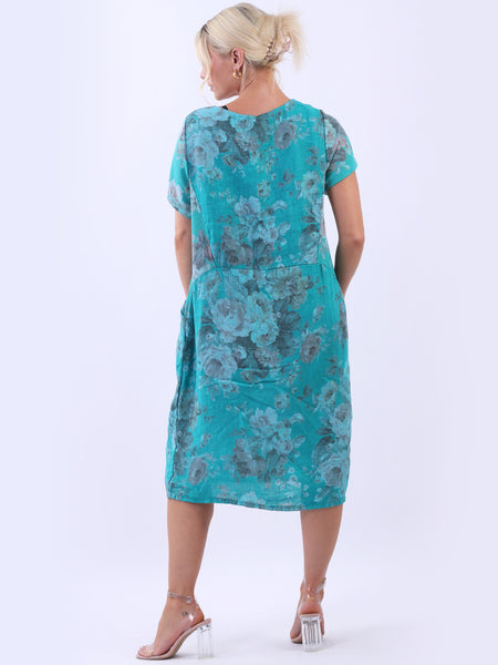 Floral Linen Shift Dress - Teal