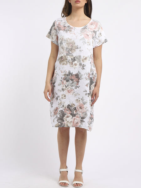 Floral Linen Shift Dress - White