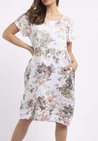 Floral Linen Shift Dress - White