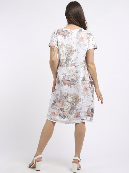 Floral Linen Shift Dress - White