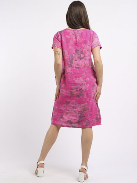 Floral Linen Shift Dress - Fuchsia