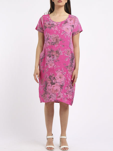 Floral Linen Shift Dress - Fuchsia