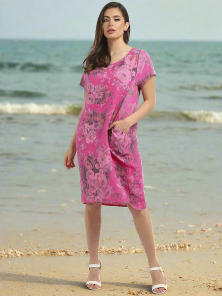 Floral Linen Shift Dress - Fuchsia