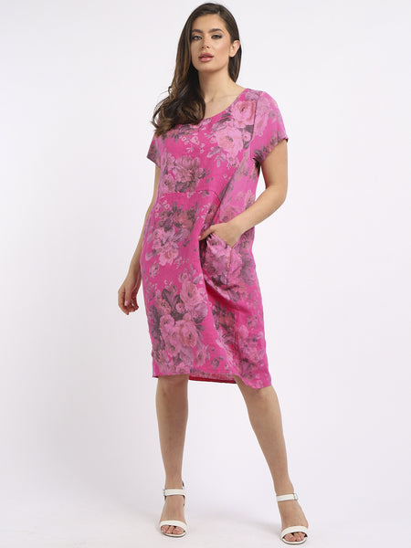 Floral Linen Shift Dress - Fuchsia