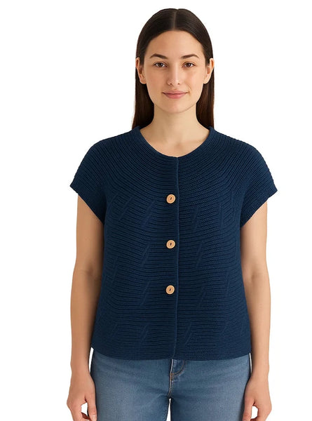 Short Sleeve 3 Button Cardigan - Navy