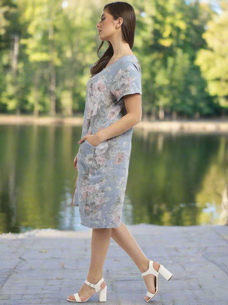 Floral Linen Shift Dress - Denim