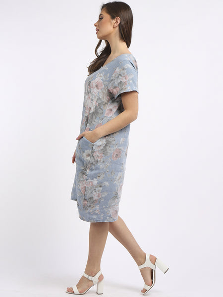 Floral Linen Shift Dress - Denim