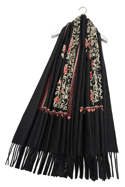 Embroidered Floral Shawl-Scarf - Black