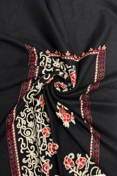 Embroidered Floral Shawl-Scarf - Black
