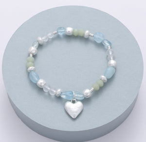 Pastel Blue & Green Stones with Silver Heart Charm Bracelet