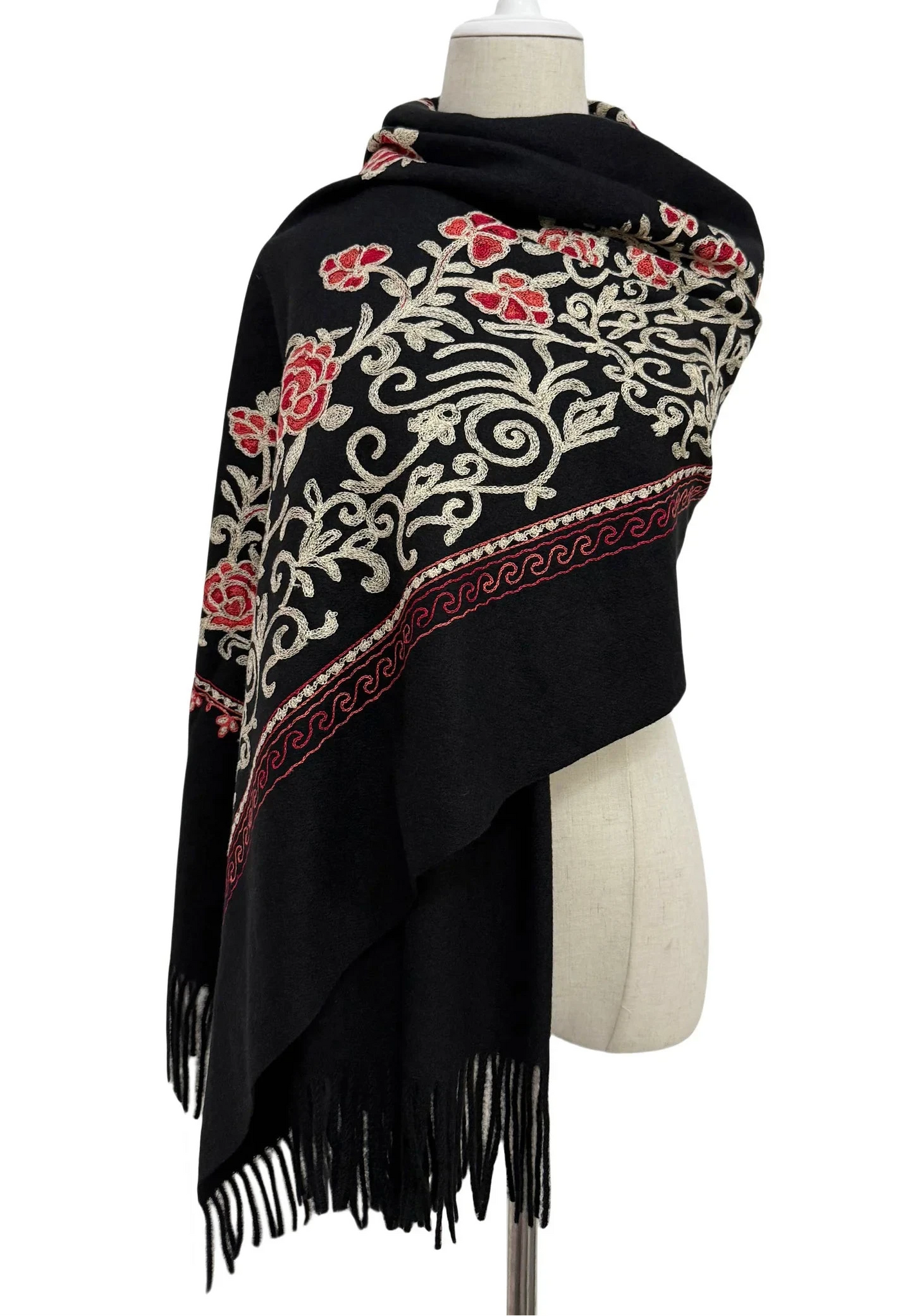 Embroidered Floral Shawl-Scarf - Black