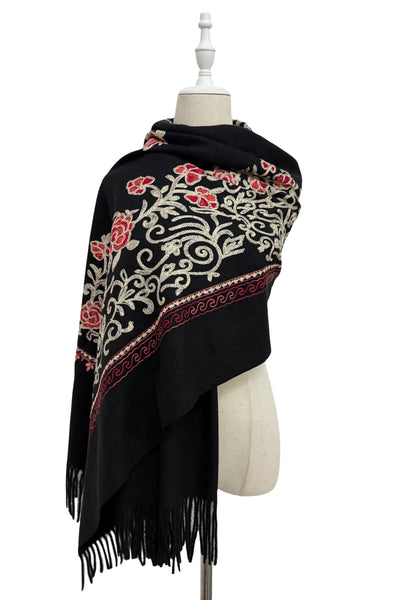 Embroidered Floral Shawl-Scarf - Black