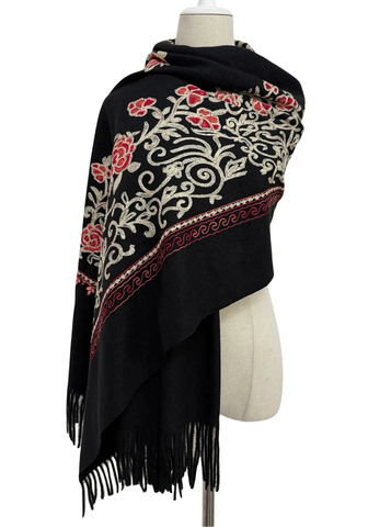 Embroidered Floral Shawl-Scarf - Black