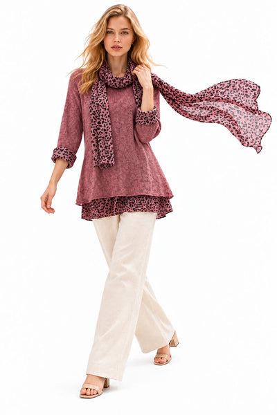 Animal Print Layered Knit & Scarf - Berry