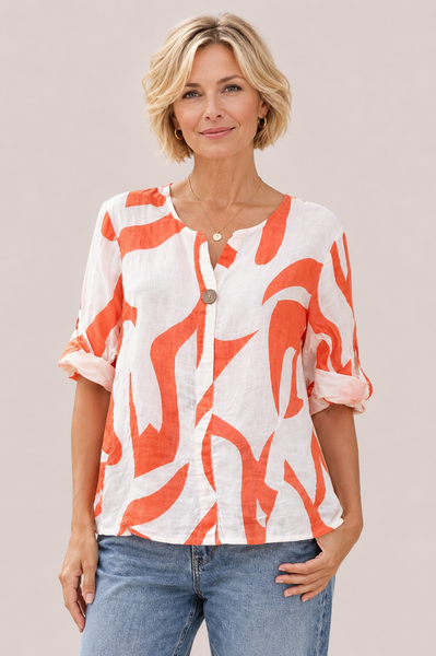 Abstract Print One Button Top - Coral