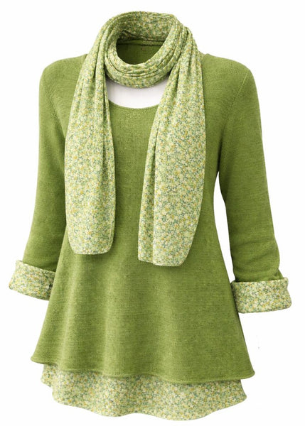 Knitted Layer Top with Scarf -  Apple