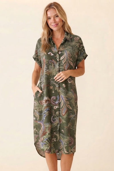 Paisley Print Dress - Khaki Green